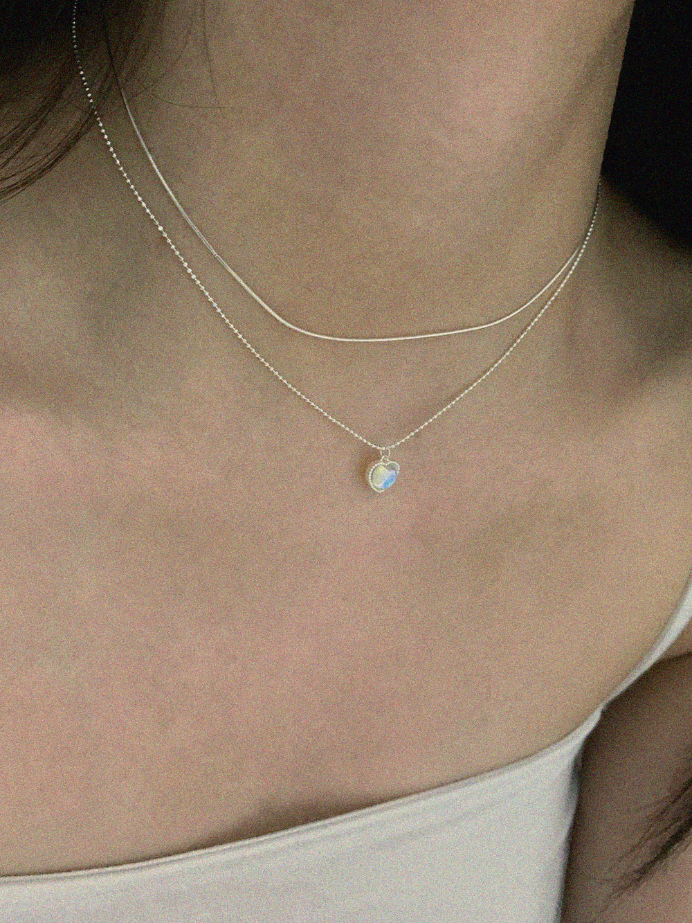 925 Silver Layered Moonstone Heart Necklace